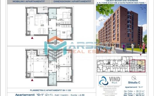 Shitet Apartament 2+1, 100 m2, Rezidenca VIND, Ali Demi